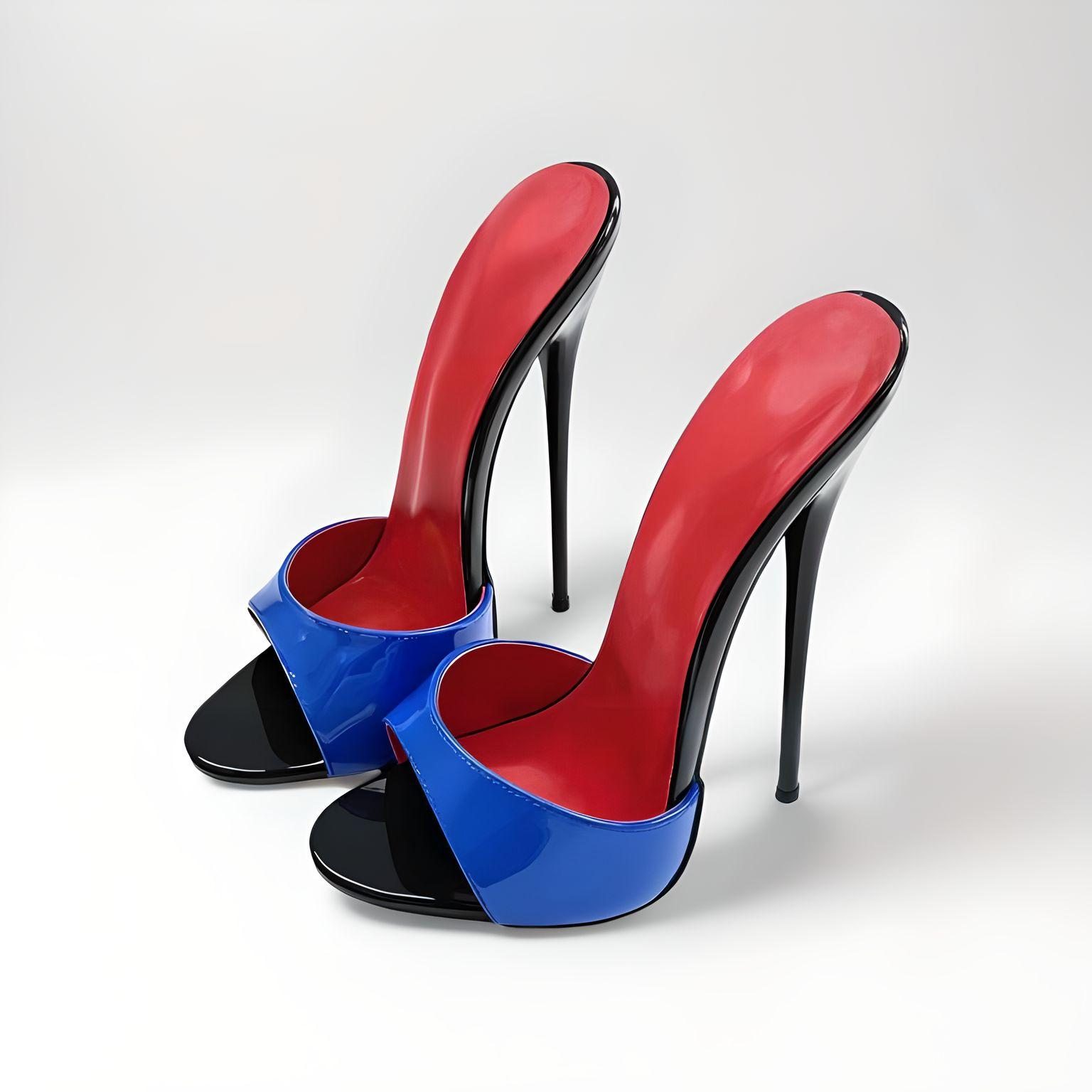 Pair of high-heeled mules 16cm with red, blue, and black design on a white background