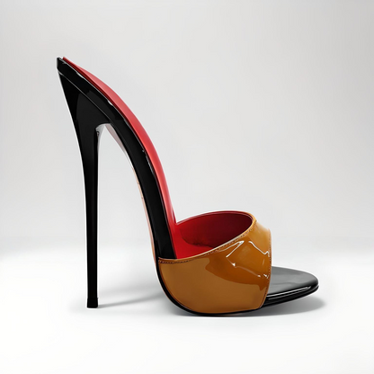 Multicolored high-heeled 16cm mules on a white background