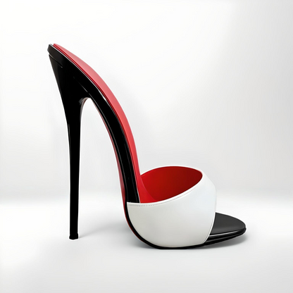 High-heeled 16cm mules with black, red, and white design on a light gray background