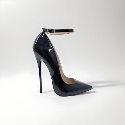 Patent fetish ankle strap stiletto pointed pumps 16cm 6"