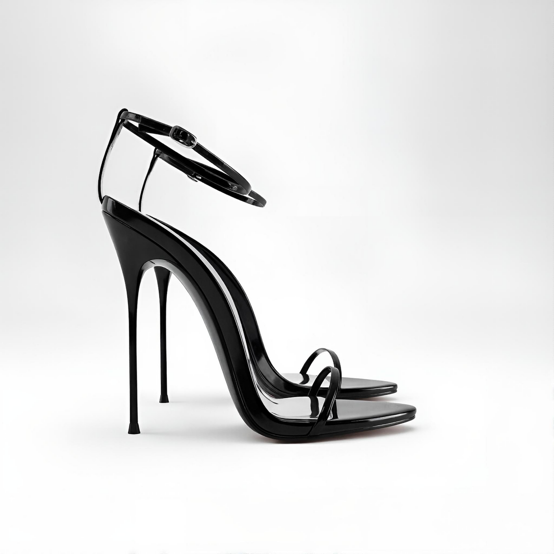 Black thin stiletto strappy sandals with 13cm or 16cm ultra high heel
