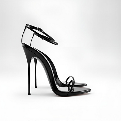 Black thin stiletto strappy sandals with 13cm or 16cm ultra high heel
