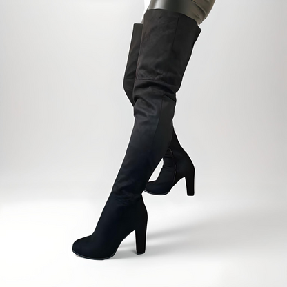 Round toe chunky high heel flock suede thigh boots 11cm heel