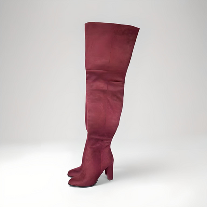 Round toe chunky high heel flock suede thigh boots 11cm heel