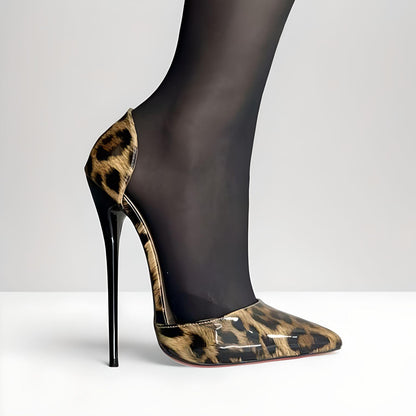 Patent D'orsay leopard print fetish ultra stiletto pointed pumps 16cm 6"