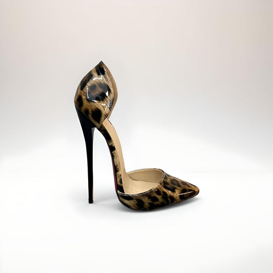 Patent D'orsay leopard print fetish ultra stiletto pointed pumps 16cm 6"