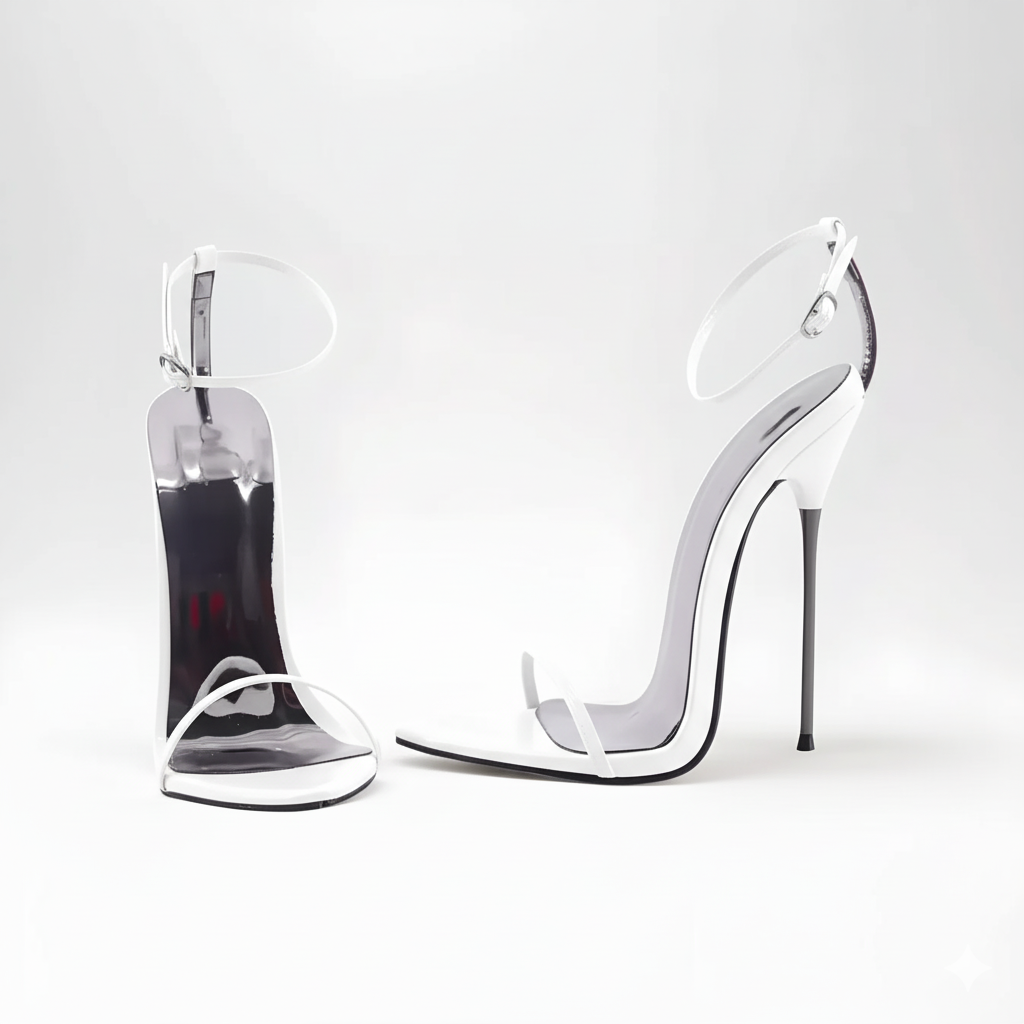 White strappy thin stiletto sandals with 16cm heel
