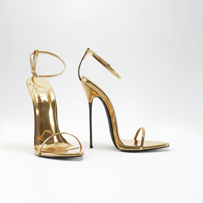 Gold 16cm high-heeled shoes with clear straps on a white background