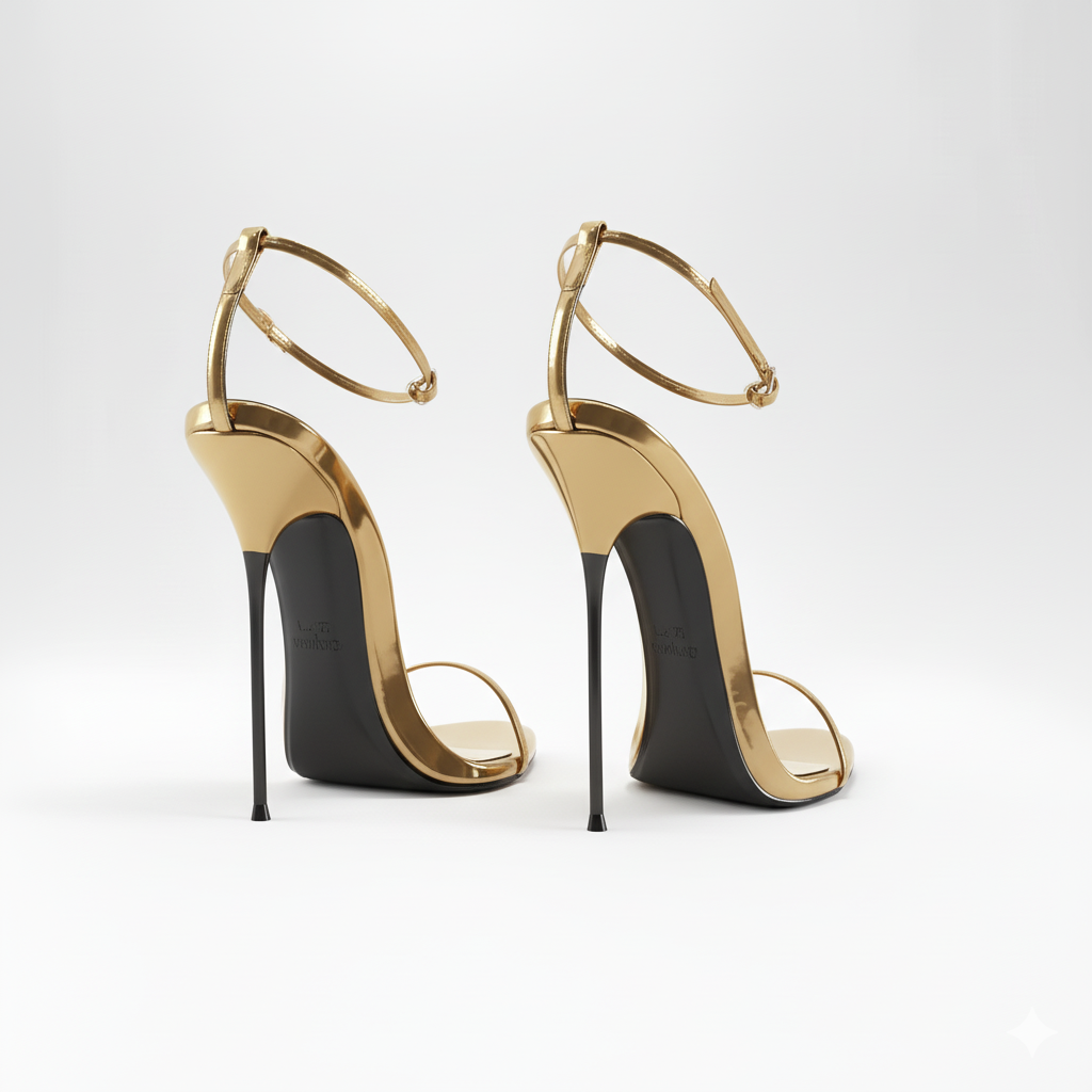 Gold rear view 16cm high-heeled shoes with black soles on a white background