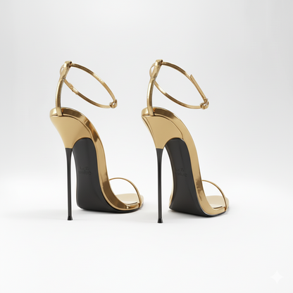 Gold rear view 16cm high-heeled shoes with black soles on a white background