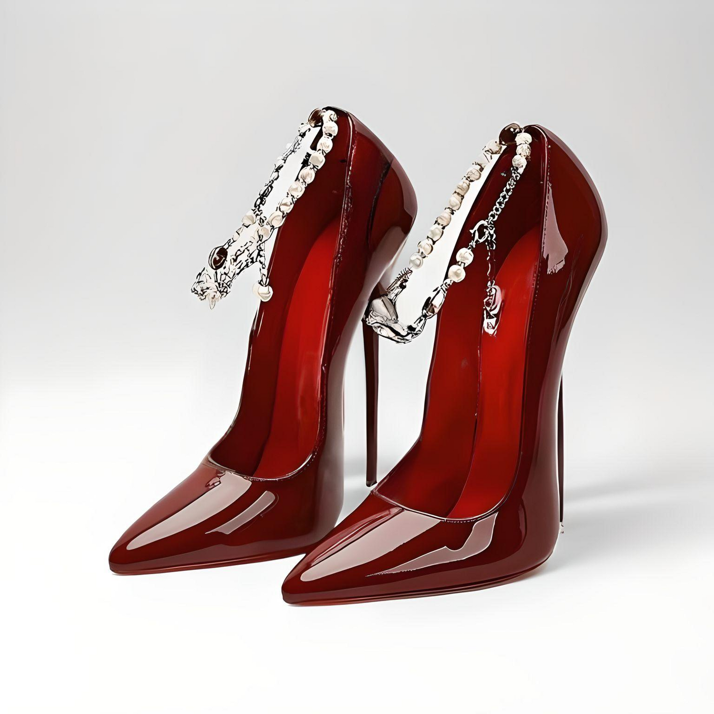 Patent Pumps Pointed-Toe Diamante Ankle Chain Stiletto 16cm high Heels