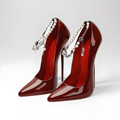 Patent Pumps Pointed-Toe Diamante Ankle Chain Stiletto 16cm high Heels