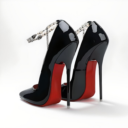Patent Pumps Pointed-Toe Diamante Ankle Chain Stiletto 16cm high Heels