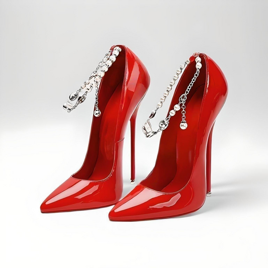 Patent Pumps Pointed-Toe Diamante Ankle Chain Stiletto 16cm high Heels