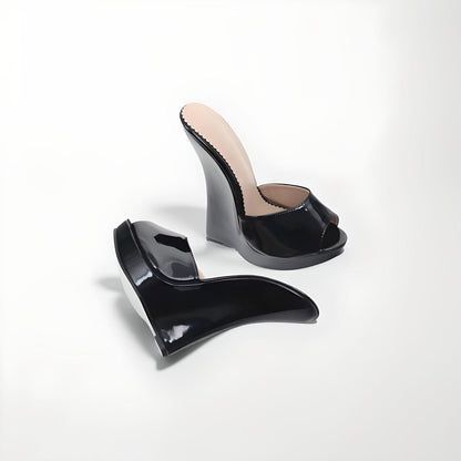 Ultra 18cm high heel patent wedge mules