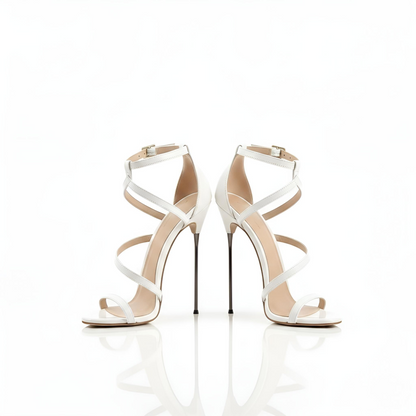 White 16cm stiletto high-heeled sandals with thin straps on a white background