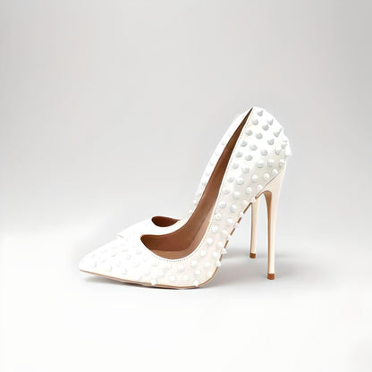 Rivet spike white stiletto pumps