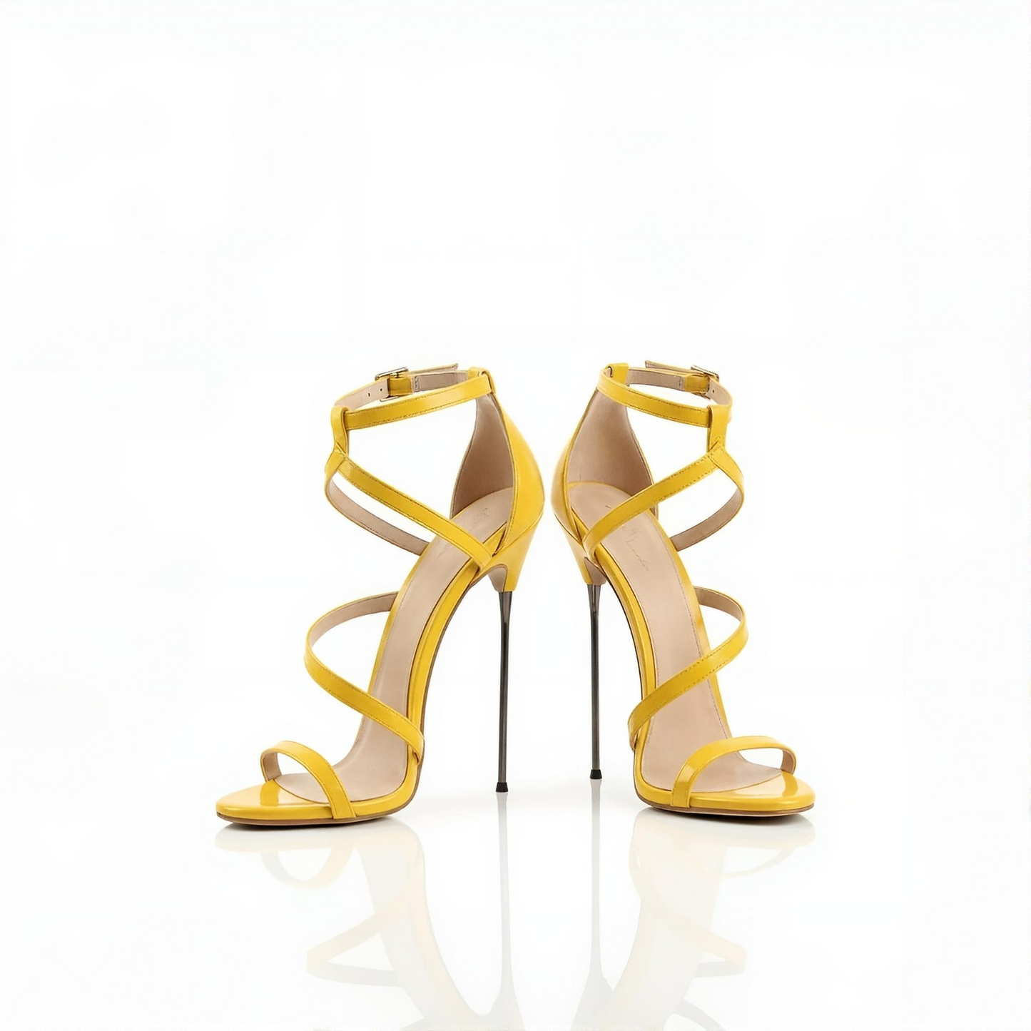 Yellow 16cm stiletto high-heeled strappy shoes on a white background