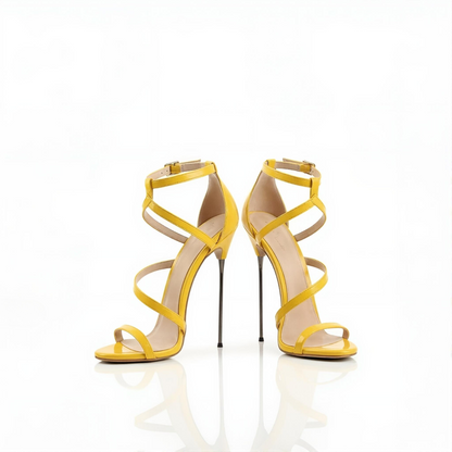 Yellow 16cm stiletto high-heeled strappy shoes on a white background